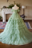 A Line Off Shoulder Tulle Green Long Prom Dress, Green Long Sweet 16 Dress KPP1971