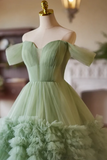 A Line Off Shoulder Tulle Green Long Prom Dress, Green Long Sweet 16 Dress KPP1971