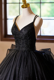 Black V Neck Tulle Lace Prom Dress, Gorgeous A Line Evening Party Dress KPP1972