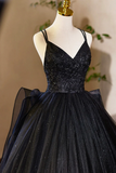 Black V Neck Tulle Lace Prom Dress, Gorgeous A Line Evening Party Dress KPP1972