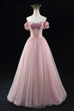 Off the Shoulder Sweetheart Beaded Tulle Long Prom Dress, A Line Pink Evening Dress KPP1973