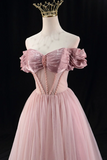 Off the Shoulder Sweetheart Beaded Tulle Long Prom Dress, A Line Pink Evening Dress KPP1973