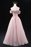 Off the Shoulder Sweetheart Beaded Tulle Long Prom Dress, A Line Pink Evening Dress KPP1973