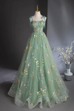 A Line Sweetheart Neck Tulle Lace Green Long Prom Dress KPP1974