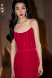 Hot Pink Velvet Long Party Prom Dresses With Slit, Strapless Evening Dresses KPP1975