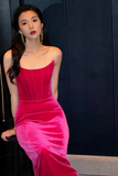 Hot Pink Velvet Long Party Prom Dresses With Slit, Strapless Evening Dresses KPP1975