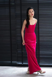 Hot Pink Velvet Long Party Prom Dresses With Slit, Strapless Evening Dresses KPP1975