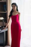 Hot Pink Velvet Long Party Prom Dresses With Slit, Strapless Evening Dresses KPP1975