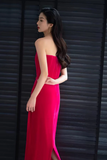 Hot Pink Velvet Long Party Prom Dresses With Slit, Strapless Evening Dresses KPP1975