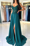 A Line Chiffon Beaded Long Prom Dress, Dark Green Spaghetti Strap Evening Dress KPP1976