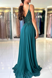 A Line Chiffon Beaded Long Prom Dress, Dark Green Spaghetti Strap Evening Dress KPP1976