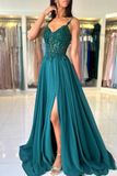 A Line Chiffon Beaded Long Prom Dress, Dark Green Spaghetti Strap Evening Dress KPP1976