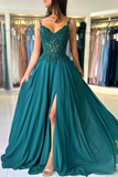 A Line Chiffon Beaded Long Prom Dress, Dark Green Spaghetti Strap Evening Dress KPP1976