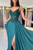 A Line Chiffon Beaded Long Prom Dress, Dark Green Spaghetti Strap Evening Dress KPP1976