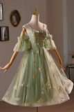 Green Floral Tulle A Line Knee Length Party Dress, Lovely Spaghetti Strap Evening Prom Dress KPH0725