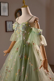 Green Floral Tulle A Line Knee Length Party Dress, Lovely Spaghetti Strap Evening Prom Dress KPH0725