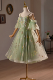 Green Floral Tulle A Line Knee Length Party Dress, Lovely Spaghetti Strap Evening Prom Dress KPH0725