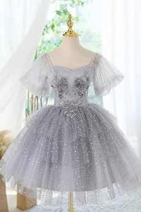 A Line Tulle Lace Gray Short Prom Dress, Cute Gray Homecoming Dress KPH0726