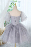 A Line Tulle Lace Gray Short Prom Dress, Cute Gray Homecoming Dress KPH0726