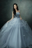 Gray Blue Strapless Tulle Long Prom Dress, Beautiful A Line Evening Party Dress KPP1978