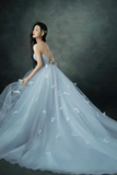 Gray Blue Strapless Tulle Long Prom Dress, Beautiful A Line Evening Party Dress KPP1978