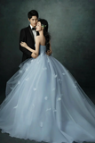 Gray Blue Strapless Tulle Long Prom Dress, Beautiful A Line Evening Party Dress KPP1978