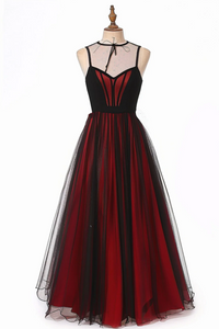 Black And Red V Neckline Tulle Long Party Dress, Black And Red Formal Dress KPH0728