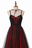 Black And Red V Neckline Tulle Long Party Dress, Black And Red Formal Dress KPH0728