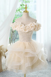 Cute Short Light Champagne Off Shoulder Homecoming Dress, Tulle Short Party Dress KPH0729