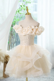 Cute Short Light Champagne Off Shoulder Homecoming Dress, Tulle Short Party Dress KPH0729