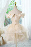 Cute Short Light Champagne Off Shoulder Homecoming Dress, Tulle Short Party Dress KPH0729