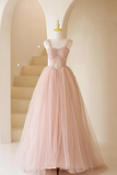 Pink Tulle Lace Long Formal Dress, Beautiful A Line Off Shoulder Pink Prom Dress KPP1981