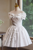 Off Shoulder A Line Satin White Short Prom Dress with Butterfly Applique KPH0731