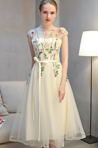 Lovely Light Champagne Cap Sleeves Floral Tea Length Party Dress, Cute Wedding Party Dresses KPP1984