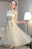 Lovely Light Champagne Cap Sleeves Floral Tea Length Party Dress, Cute Wedding Party Dresses KPP1984