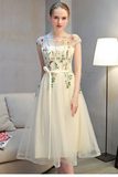 Lovely Light Champagne Cap Sleeves Floral Tea Length Party Dress, Cute Wedding Party Dresses KPP1984