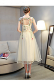 Lovely Light Champagne Cap Sleeves Floral Tea Length Party Dress, Cute Wedding Party Dresses KPP1984