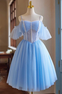 Light Blue Beaded Knee Length Tulle Party Dress, Light Blue Homecoming Dress KPH0733