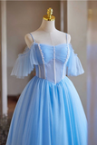 Light Blue Beaded Knee Length Tulle Party Dress, Light Blue Homecoming Dress KPH0733