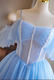 Light Blue Beaded Knee Length Tulle Party Dress, Light Blue Homecoming Dress KPH0733