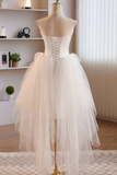 High Low Strapless White Prom Dresses with 3D Flowers, Floral Homecoming Dresses KPH0735