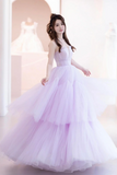 Purple Tulle Long A Line Formal Dress, A Line Strapless Evening Party Dress KPP1987