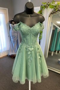 Off Shoulder Sage Green Lace Prom Dresses, Short Sage Lace Homecoming Dresses KPH0736