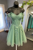 Off Shoulder Sage Green Lace Prom Dresses, Short Sage Lace Homecoming Dresses KPH0736