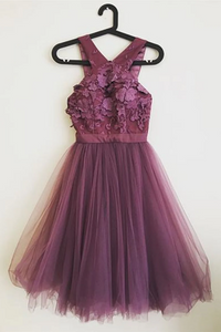 Open Back Dark Purple Lace Short Prom Dresses, Homecoming Dresses, Formal Dresses KPH0739