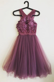 Open Back Dark Purple Lace Short Prom Dresses, Homecoming Dresses, Formal Dresses KPH0739