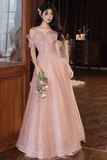 A Line Off Shoulder Tulle Sequin Pink Long Prom Dress, Pink Long Formal Dress KPP1989