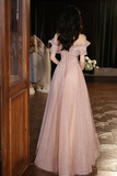 A Line Off Shoulder Tulle Sequin Pink Long Prom Dress, Pink Long Formal Dress KPP1989