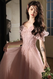 A Line Off Shoulder Tulle Sequin Pink Long Prom Dress, Pink Long Formal Dress KPP1989