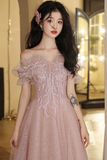 A Line Off Shoulder Tulle Sequin Pink Long Prom Dress, Pink Long Formal Dress KPP1989